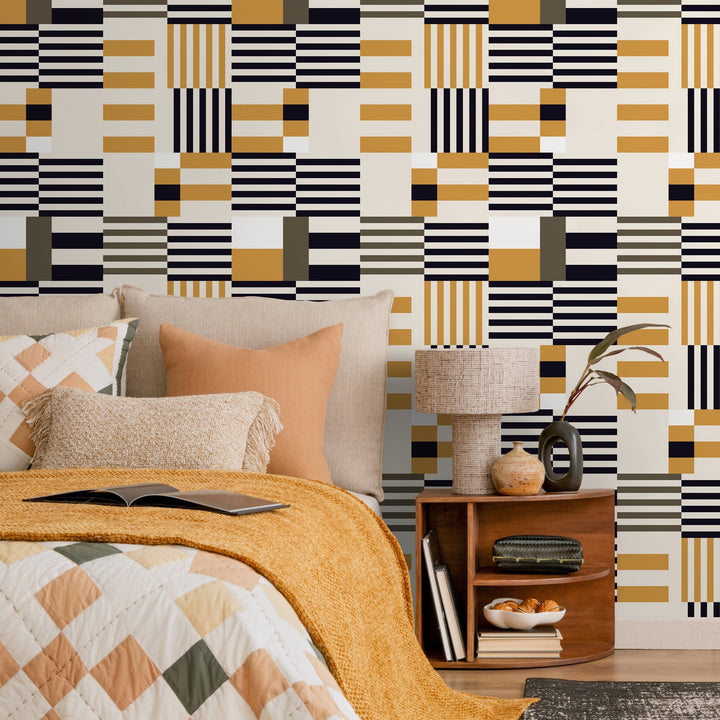 Geometric Wallpaper with Modern Blocks and Stripes in Black and Yellow - D847