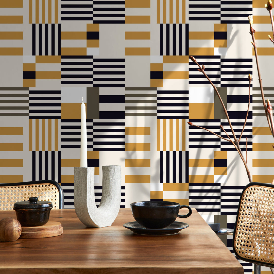 Geometric Wallpaper with Modern Blocks and Stripes in Black and Yellow - D847