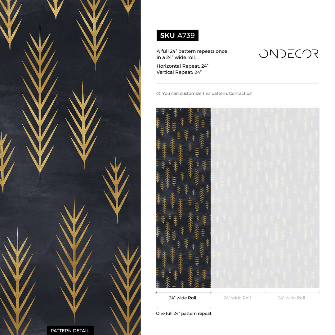 Art Deco Wallpaper with Stylized Golden Fronds in Black and Gold - A739
