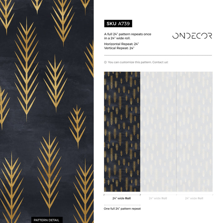 Art Deco Wallpaper with Stylized Golden Fronds in Black and Gold - A739