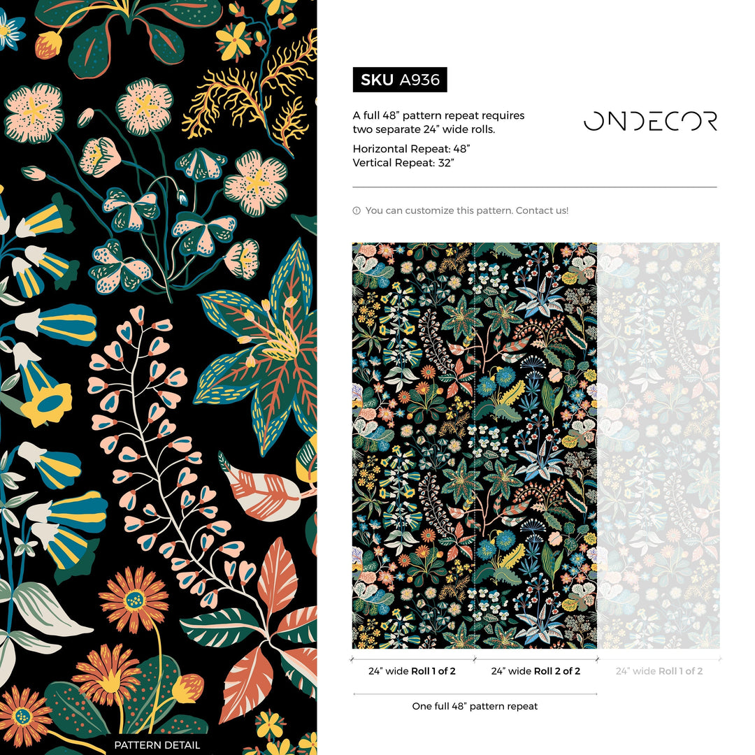 Botanical Wallpaper Featuring a Folk Art Floral Motif in Yellow, Blue, and Green - A936