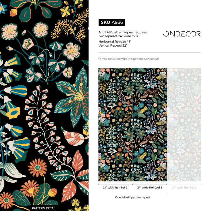 Botanical Wallpaper Featuring a Folk Art Floral Motif in Yellow, Blue, and Green - A936