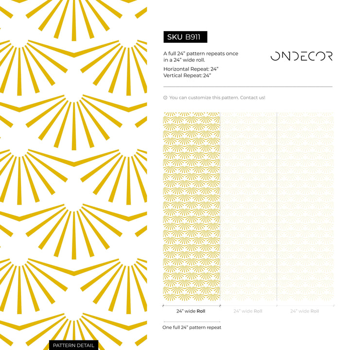 Art Deco Wallpaper with a Geometric Sunburst Motif in Yellow - B911