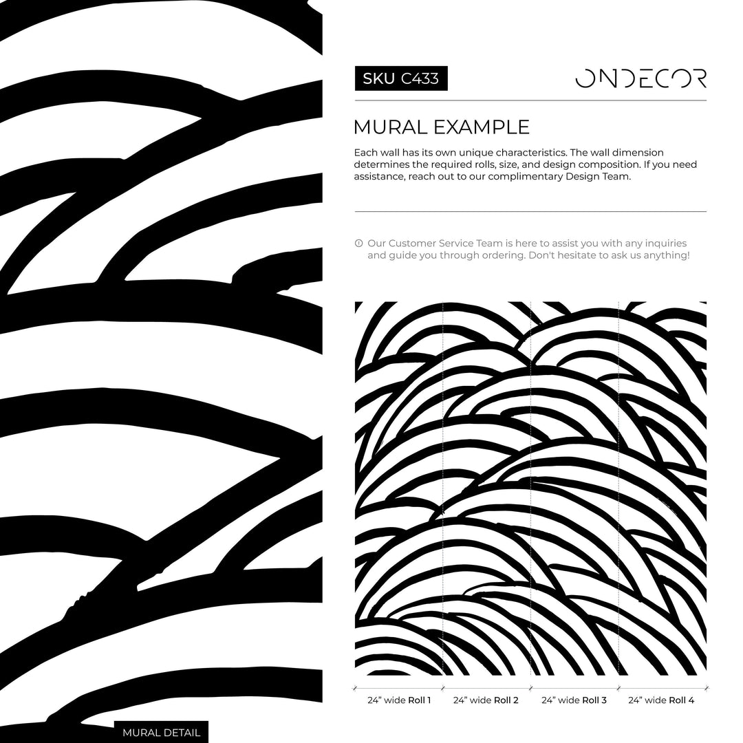 Abstract Wallpaper with Bold Wavy Brushstrokes in Black and White - C433