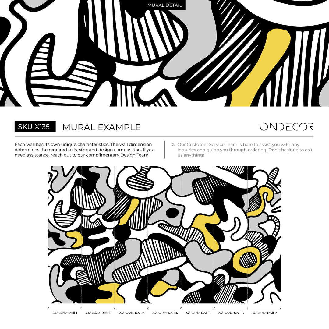 Abstract Wallpaper with Bold Flowing Forms in Black, Yellow, and Grey - X135