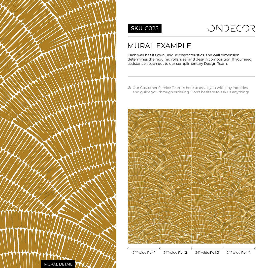 Abstract Wallpaper with a Hand-Drawn Fan Motif in Mustard and White - C025