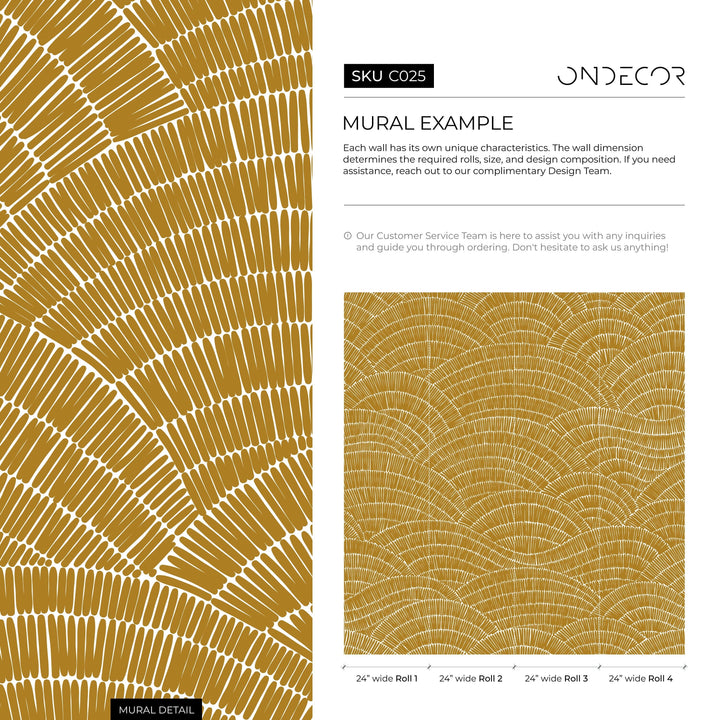 Abstract Wallpaper with a Hand-Drawn Fan Motif in Mustard and White - C025