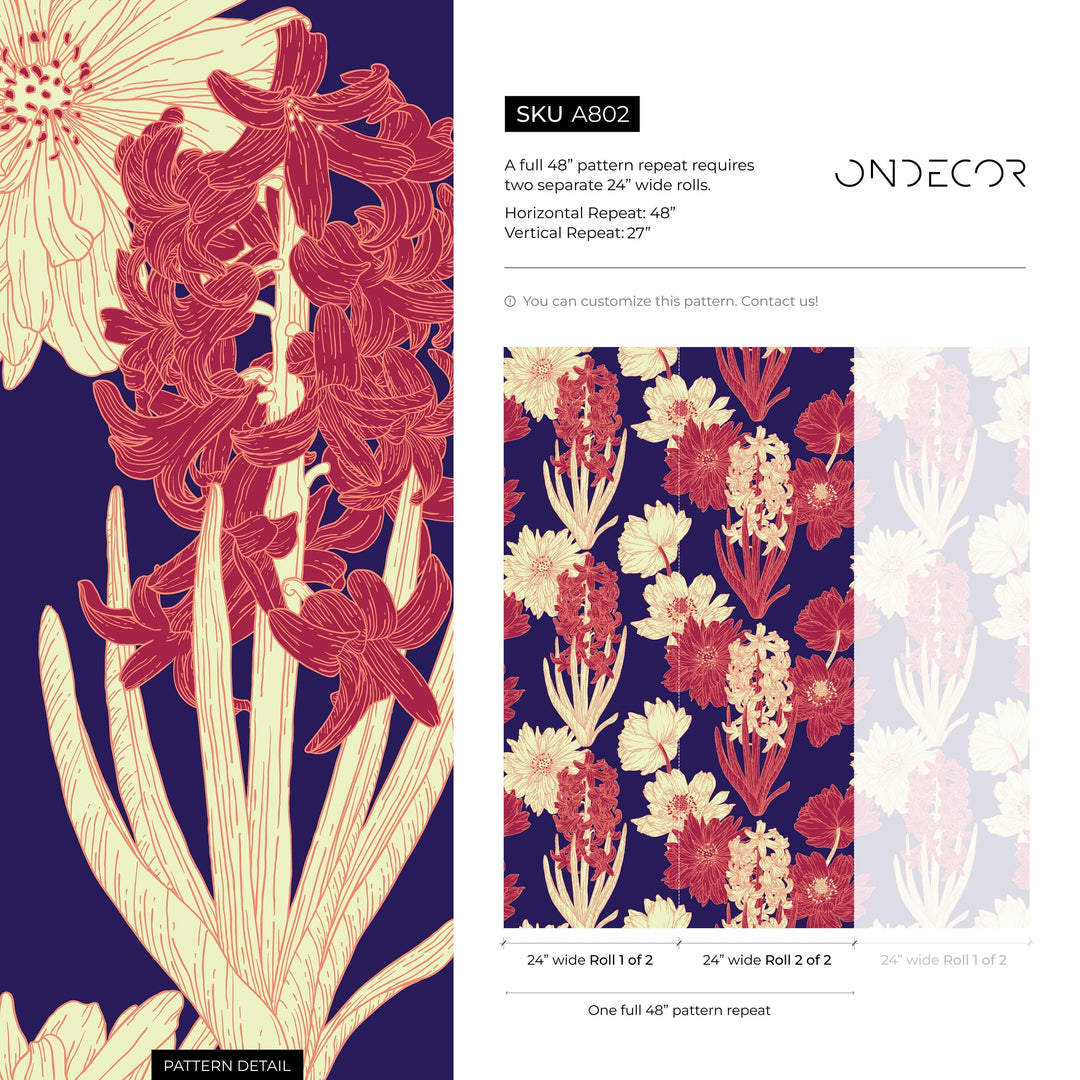Floral Wallpaper featuring Hyacinths and Dahlias in Red, Cream, and Navy Blue - A802