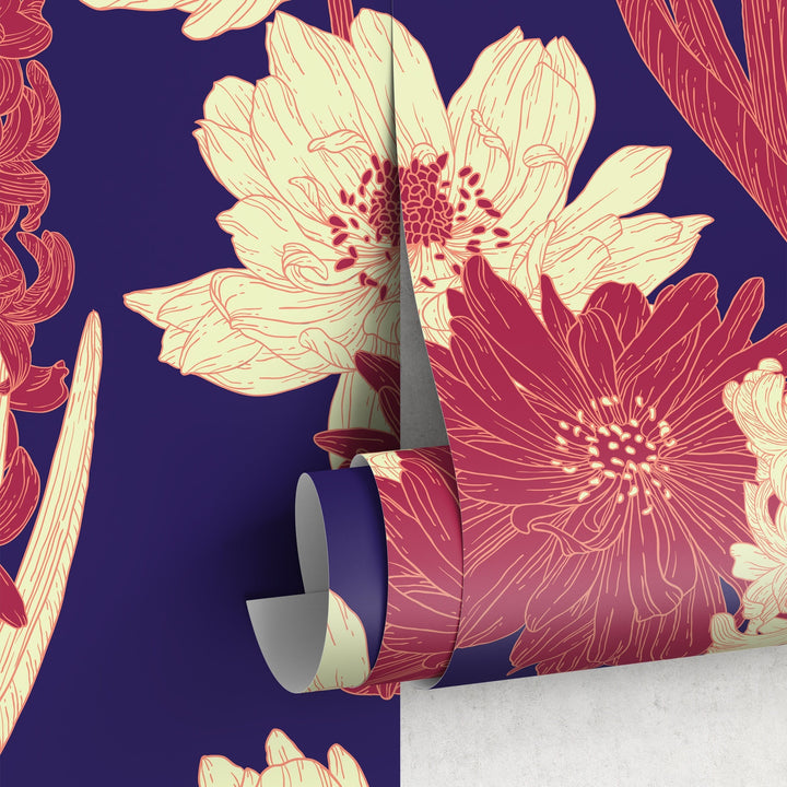 Floral Wallpaper featuring Hyacinths and Dahlias in Red, Cream, and Navy Blue - A802