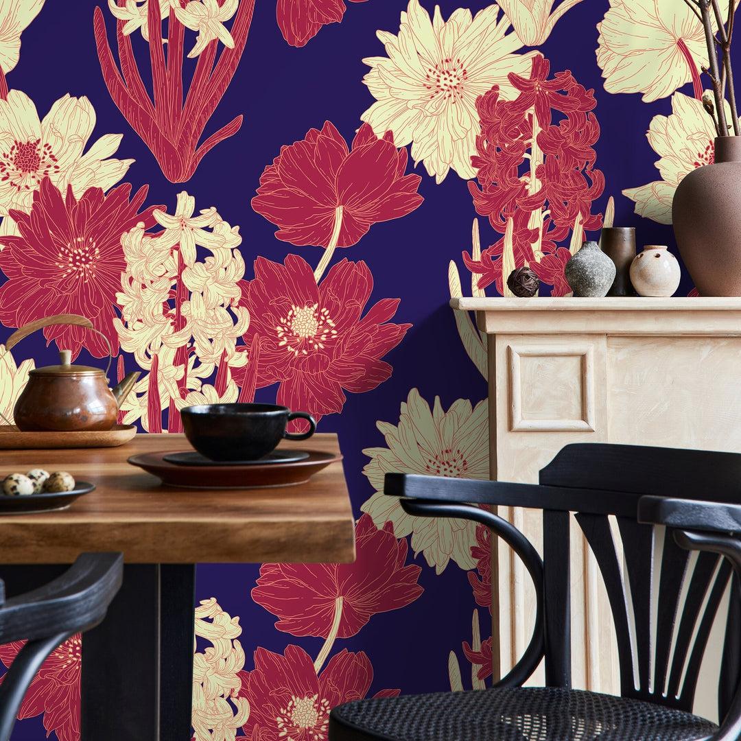 Floral Wallpaper featuring Hyacinths and Dahlias in Red, Cream, and Navy Blue - A802