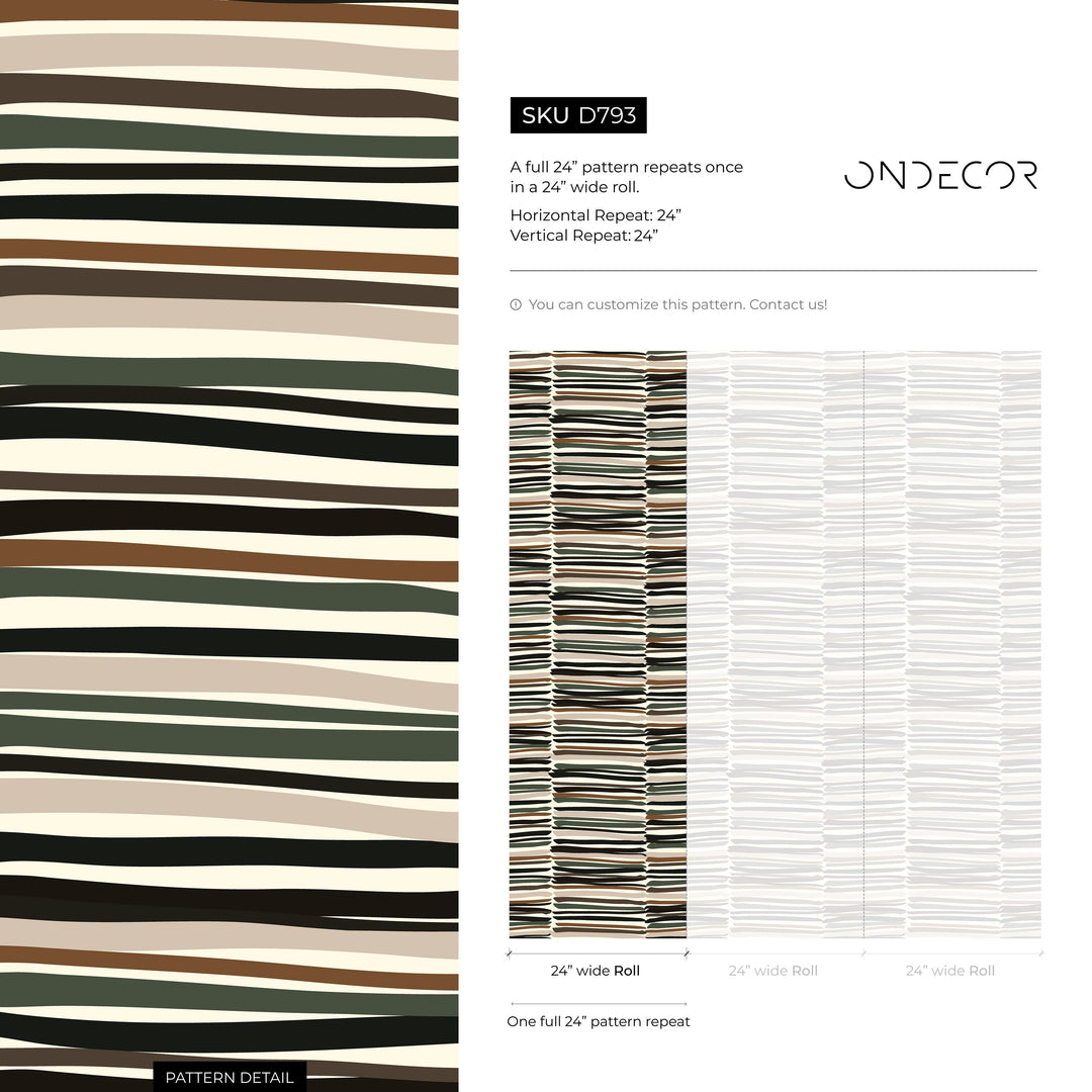 Abstract Wallpaper with Irregular Brushstroke Stripes in Black, Brown, and Green - D793