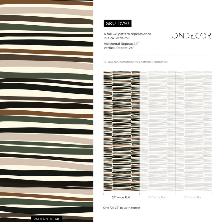 Abstract Wallpaper with Irregular Brushstroke Stripes in Black, Brown, and Green - D793