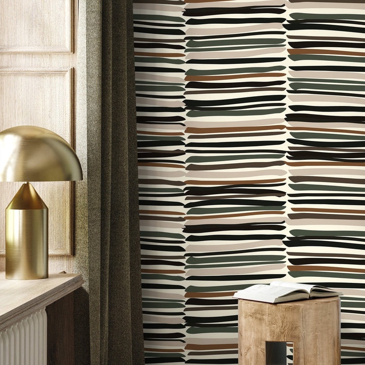 Abstract Wallpaper with Irregular Brushstroke Stripes in Black, Brown, and Green - D793