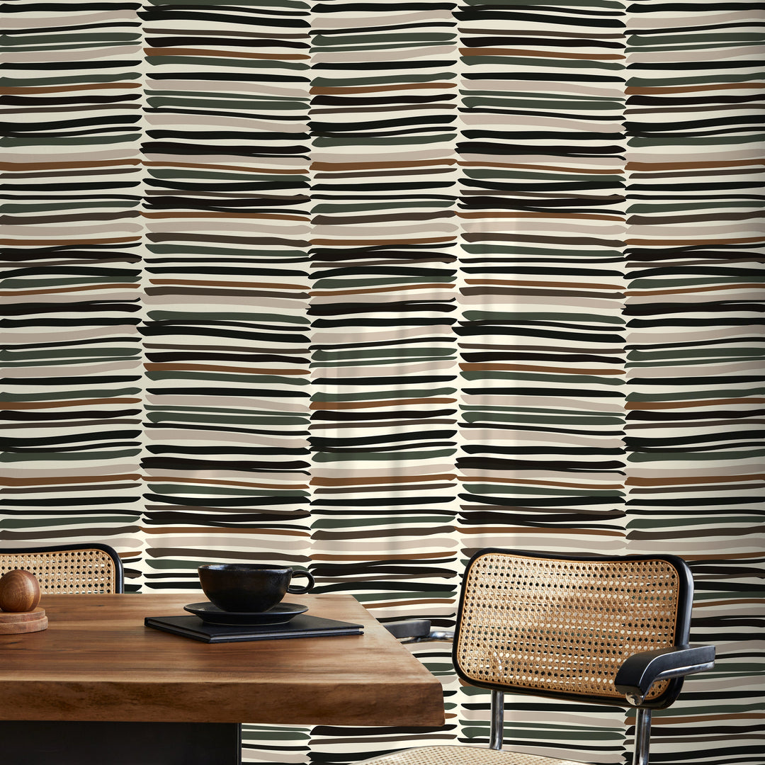 Abstract Wallpaper with Irregular Brushstroke Stripes in Black, Brown, and Green - D793