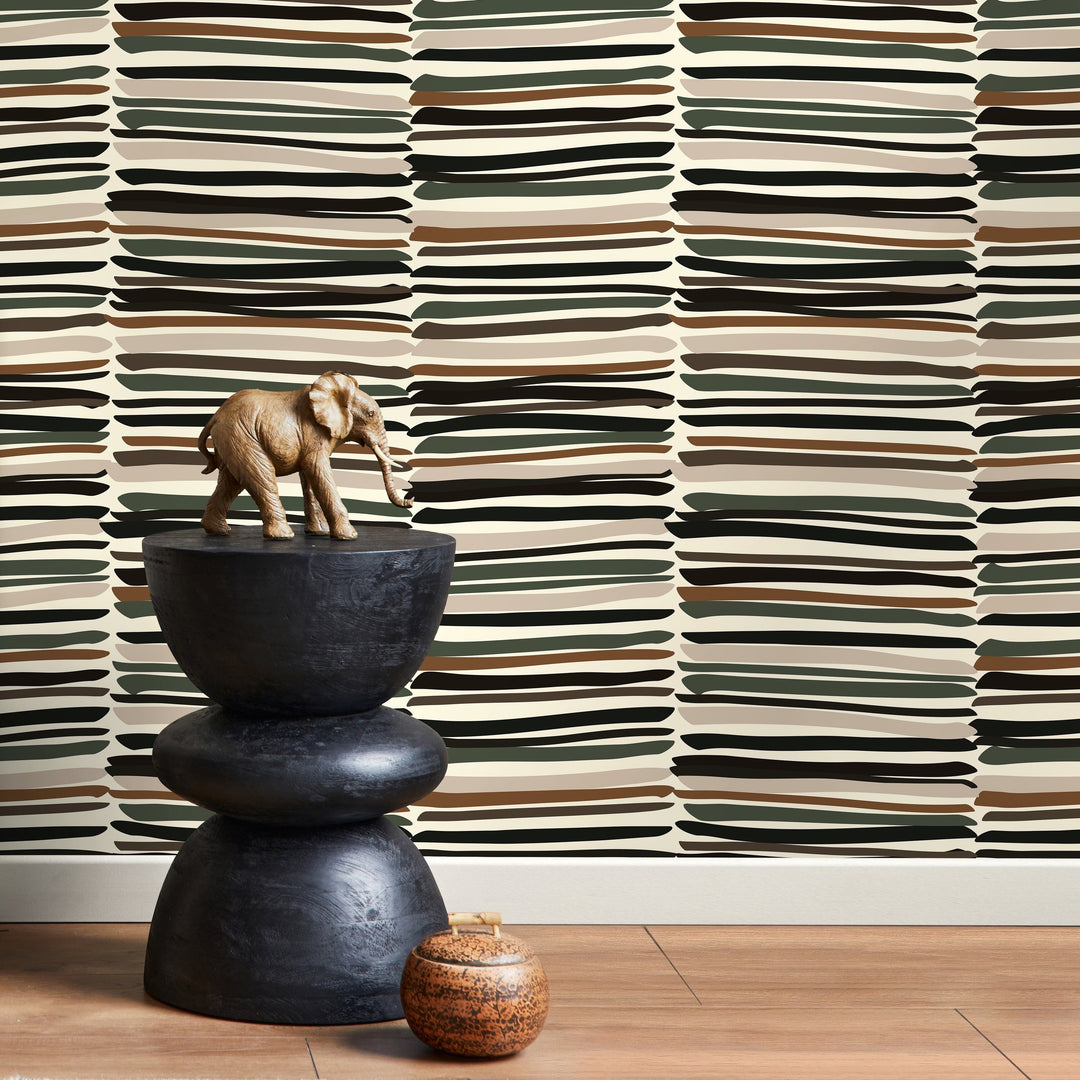 Abstract Wallpaper with Irregular Brushstroke Stripes in Black, Brown, and Green - D793
