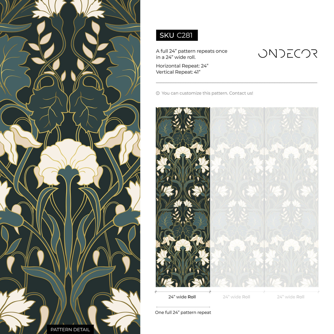 Art Nouveau Wallpaper with Stylized Florals in Green, Cream, and Gold - C281