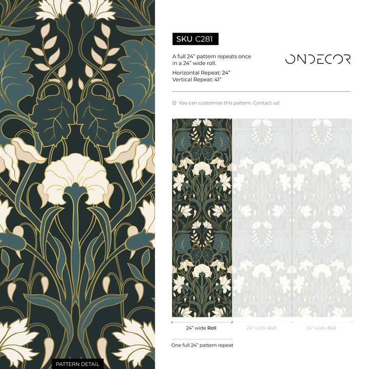 Art Nouveau Wallpaper with Stylized Florals in Green, Cream, and Gold - C281