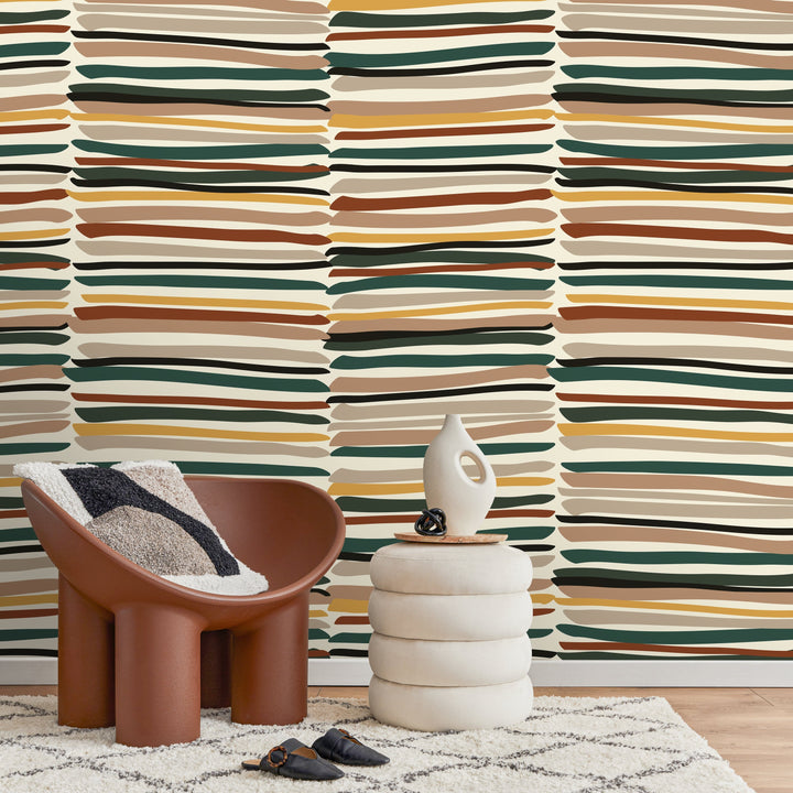 Abstract Wallpaper with Organic Brush Strokes in Green, Brown, and Yellow - D795