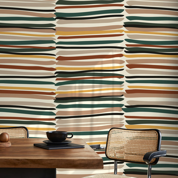 Abstract Wallpaper with Organic Brush Strokes in Green, Brown, and Yellow - D795