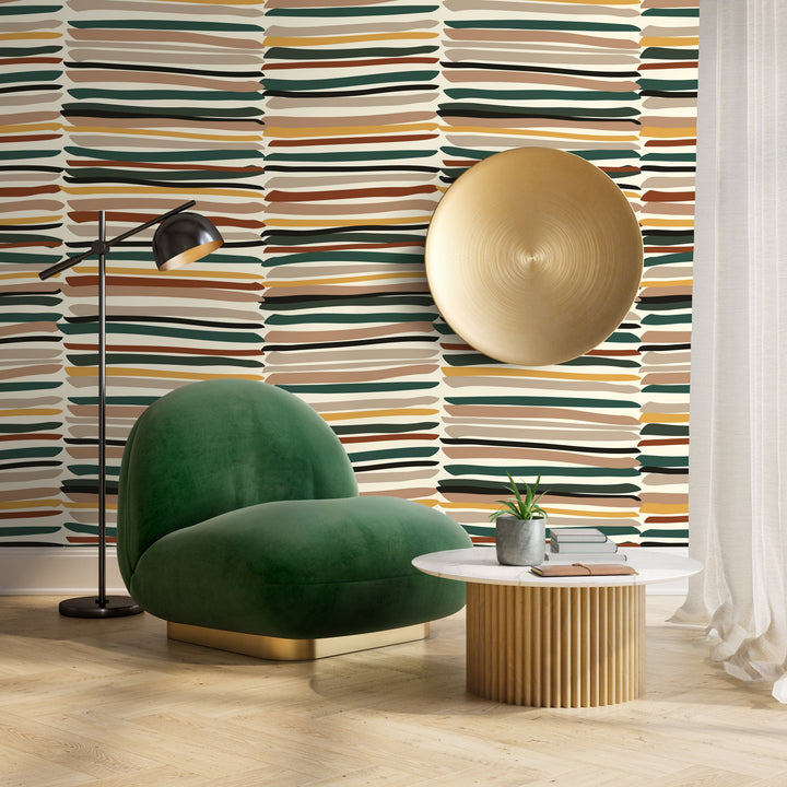 Abstract Wallpaper with Organic Brush Strokes in Green, Brown, and Yellow - D795