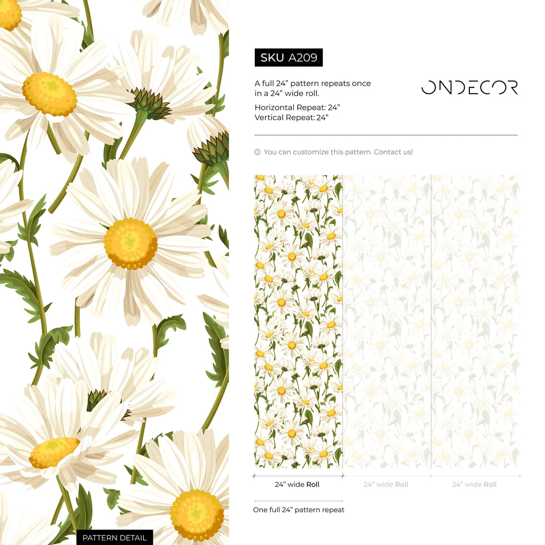 Floral Wallpaper Featuring a Classic Daisy Pattern in White, Yellow, and Green - A209