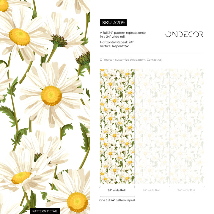 Floral Wallpaper Featuring a Classic Daisy Pattern in White, Yellow, and Green - A209