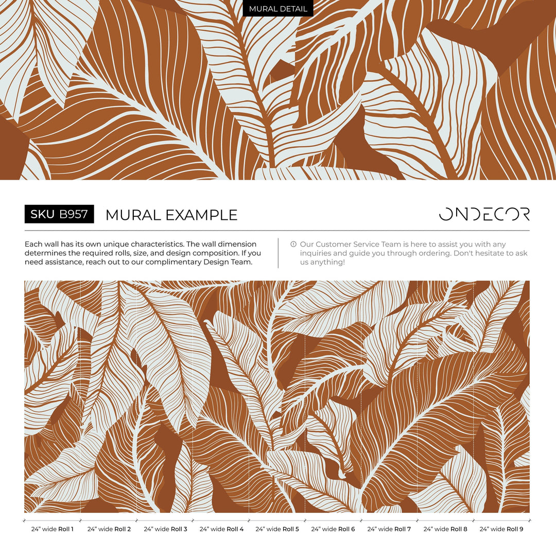 Botanical Wallpaper Featuring Large Tropical Leaves in Terracotta and Gray - B957