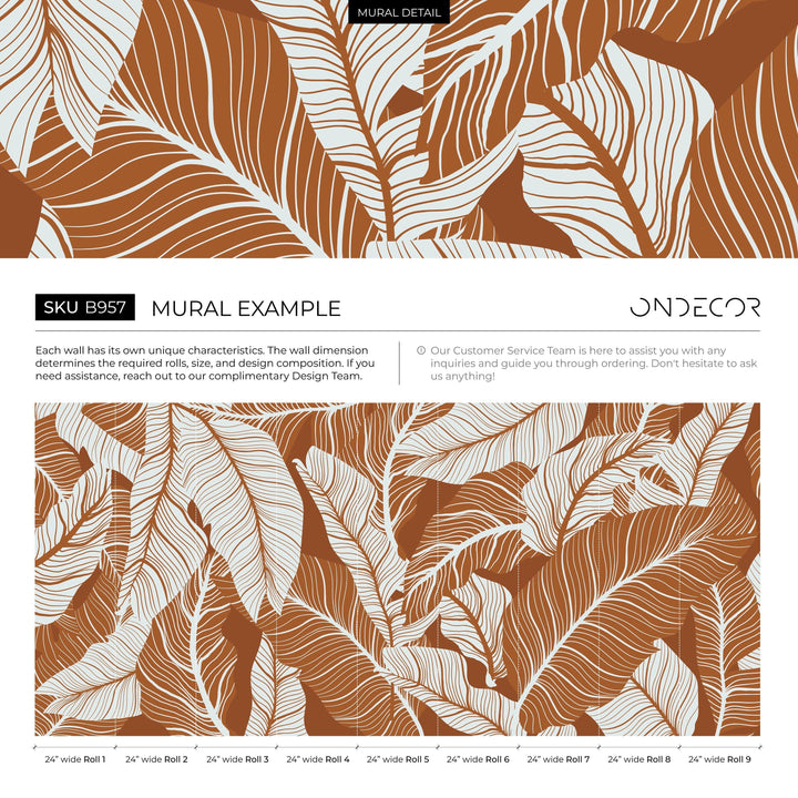 Botanical Wallpaper Featuring Large Tropical Leaves in Terracotta and Gray - B957