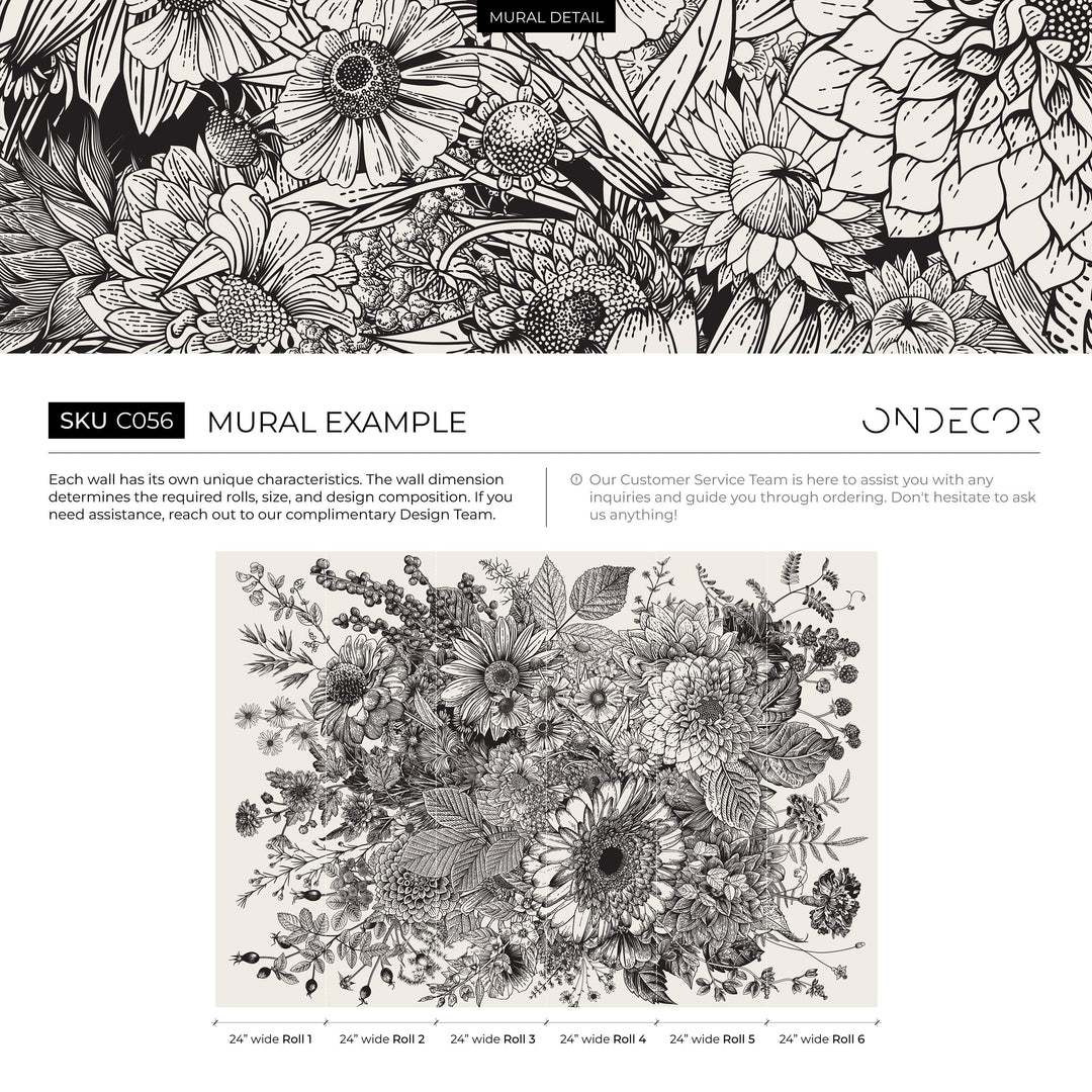 Floral Wallpaper with a Detailed Botanical Sketch in Black and White - C056