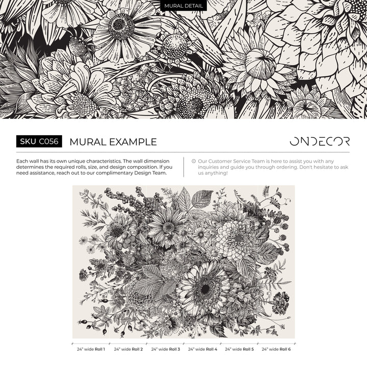 Floral Wallpaper with a Detailed Botanical Sketch in Black and White - C056