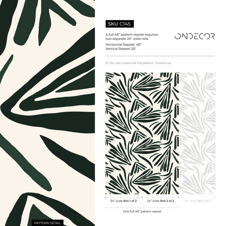 Abstract Wallpaper Featuring Bold Stylized Leaves in Dark Green - C145