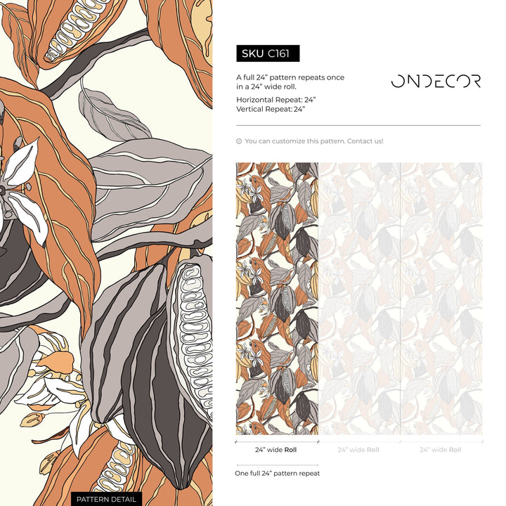 Botanical Wallpaper Featuring Cacao Pods and Flowers in Brown and Gray - C161