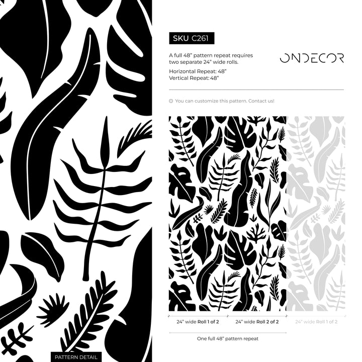 Botanical Wallpaper Featuring a Bold Tropical Leaf Motif in Black and White - C261