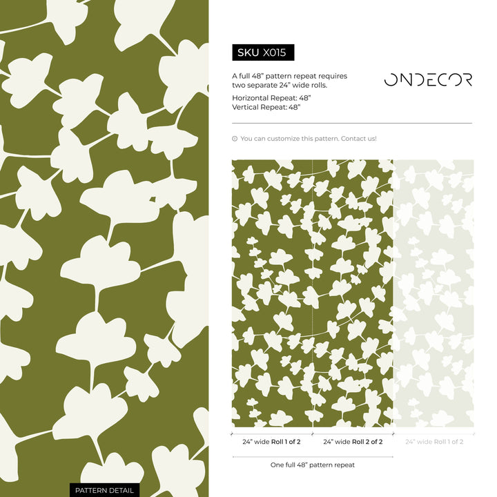 Botanical Wallpaper with Abstract Leaf Silhouettes in Olive Green and White - X015