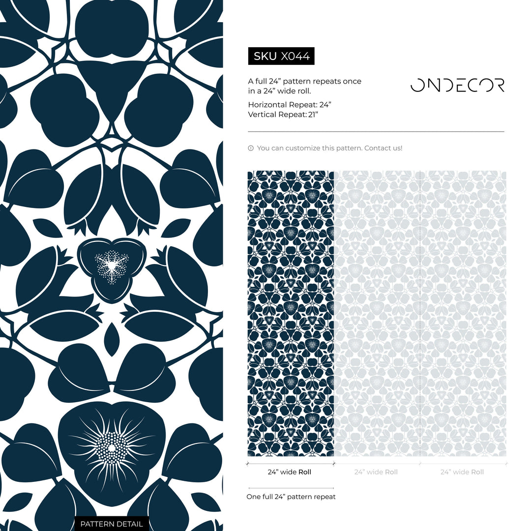 Floral Wallpaper Featuring a Graphic Damask Motif in Navy Blue and White - X044