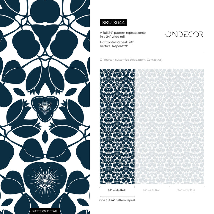 Floral Wallpaper Featuring a Graphic Damask Motif in Navy Blue and White - X044