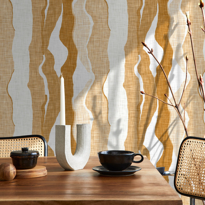 Abstract Wallpaper with Flowing Vertical Waves in Yellow and Ochre - D836