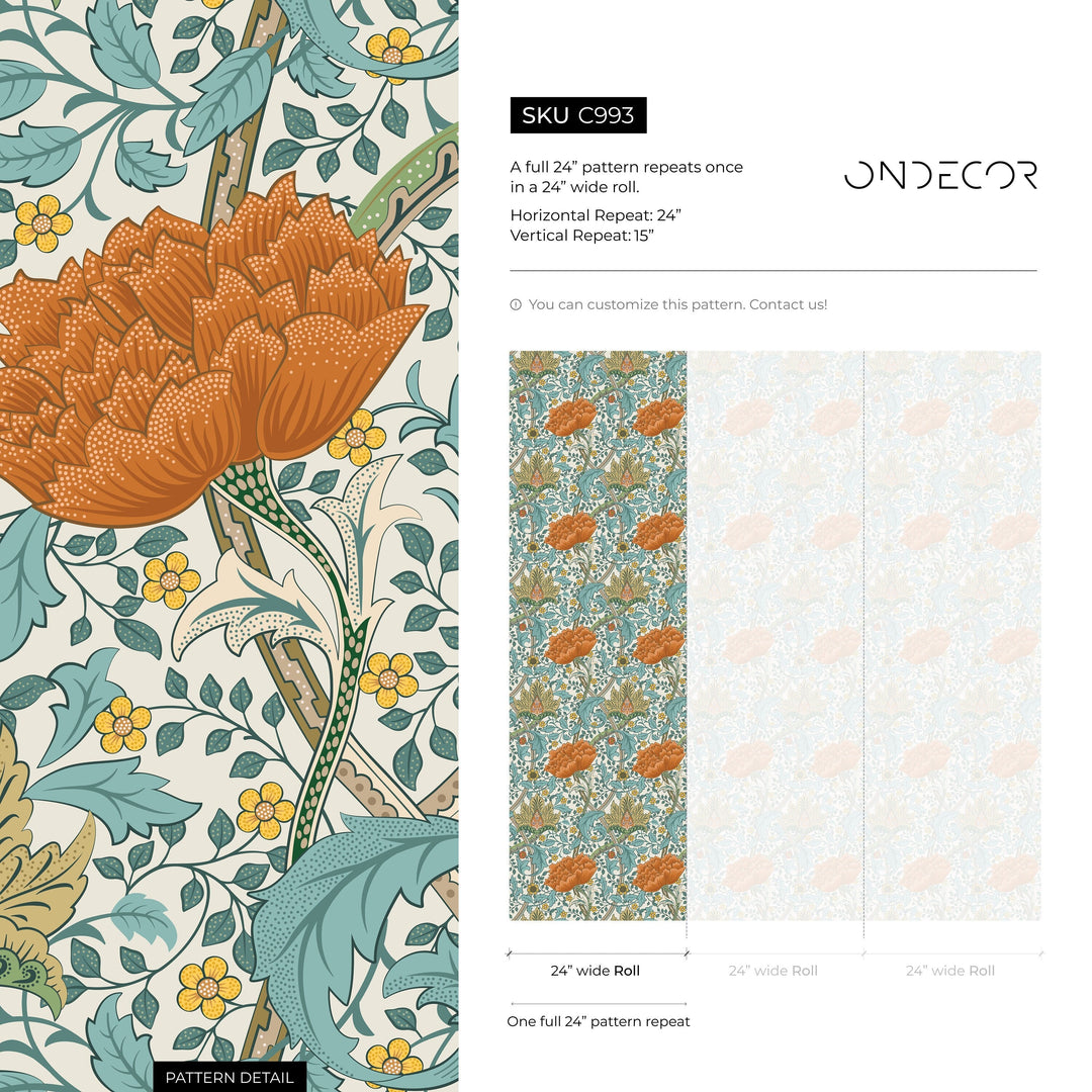 Floral Wallpaper with an Arts and Crafts Motif in Orange, Teal, and Gold - C993