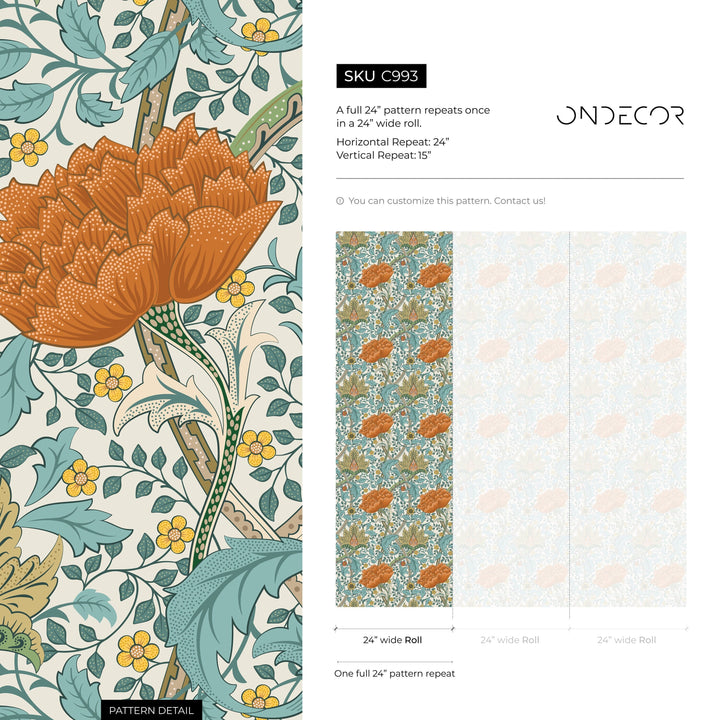 Floral Wallpaper with an Arts and Crafts Motif in Orange, Teal, and Gold - C993