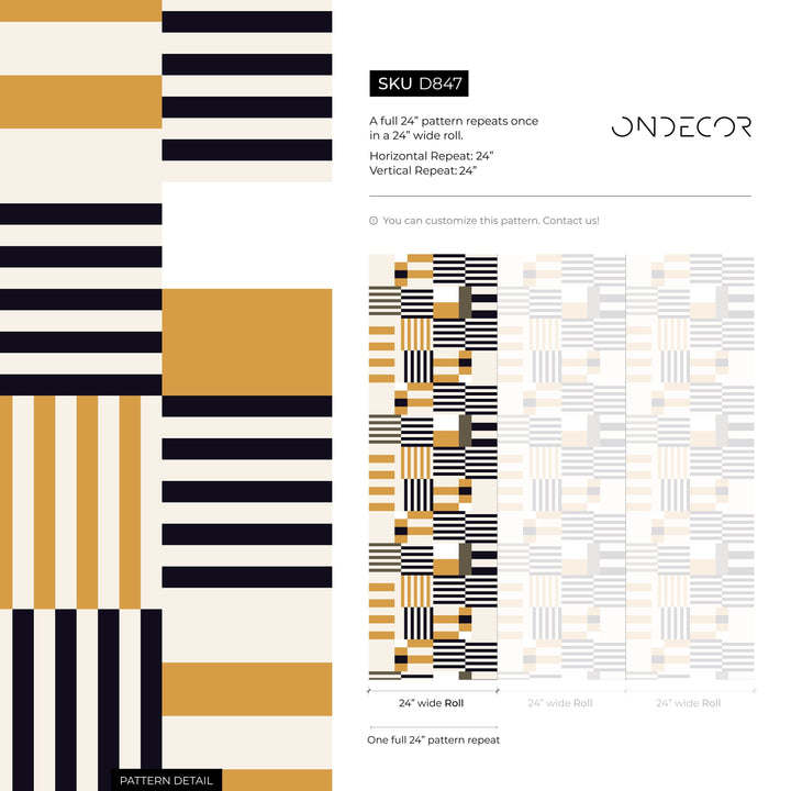 Geometric Wallpaper with Modern Blocks and Stripes in Black and Yellow - D847