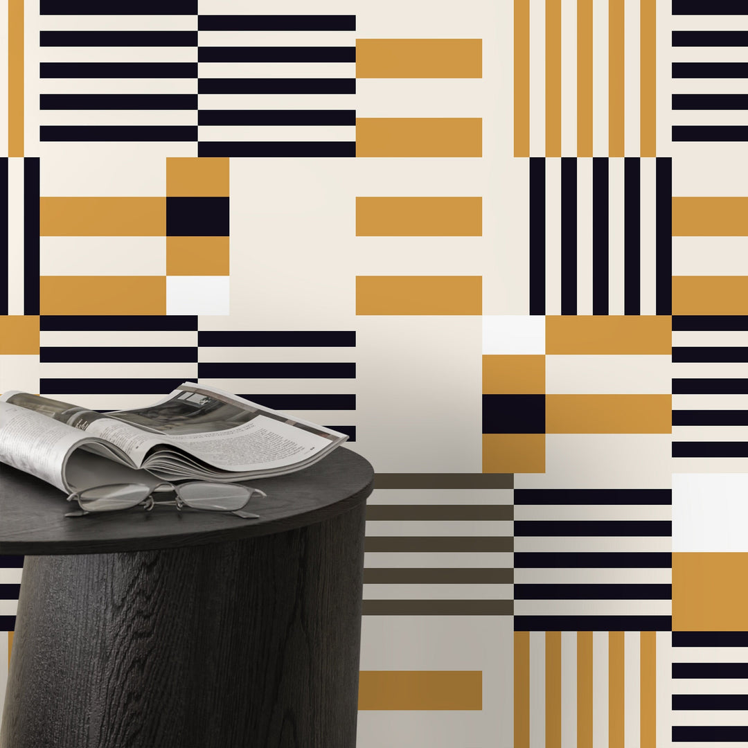 Geometric Wallpaper with Modern Blocks and Stripes in Black and Yellow - D847