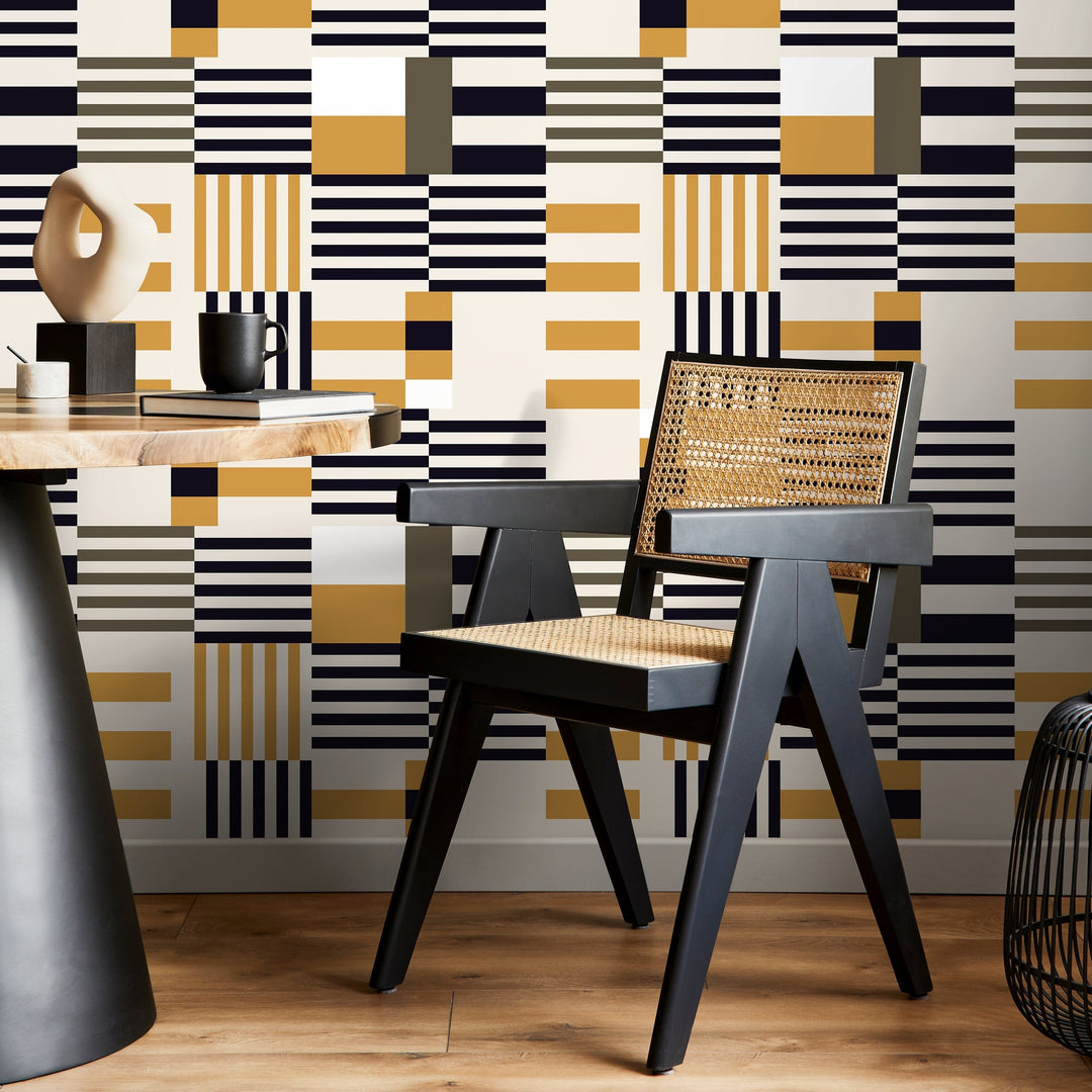 Geometric Wallpaper with Modern Blocks and Stripes in Black and Yellow - D847