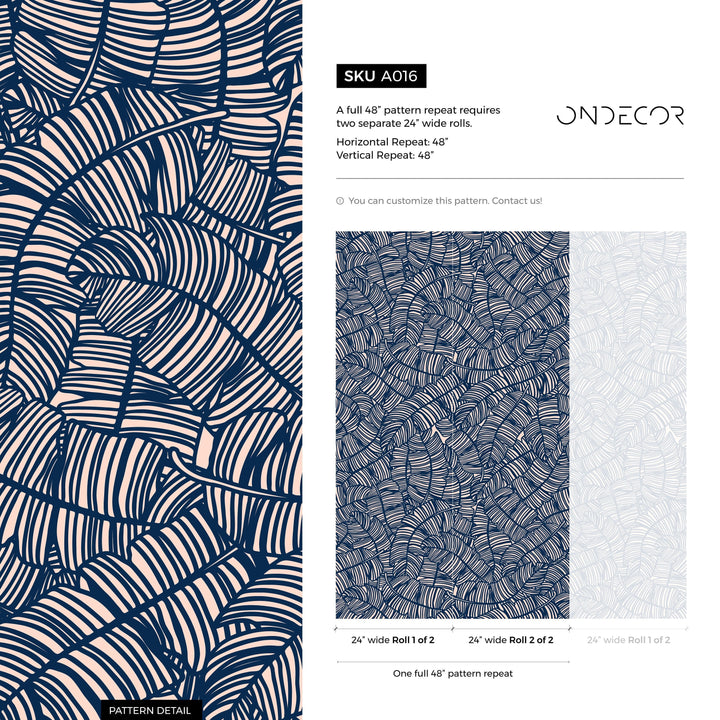Abstract Wallpaper with a Bold Banana Leaf Motif in Navy Blue and Blush Pink - A016