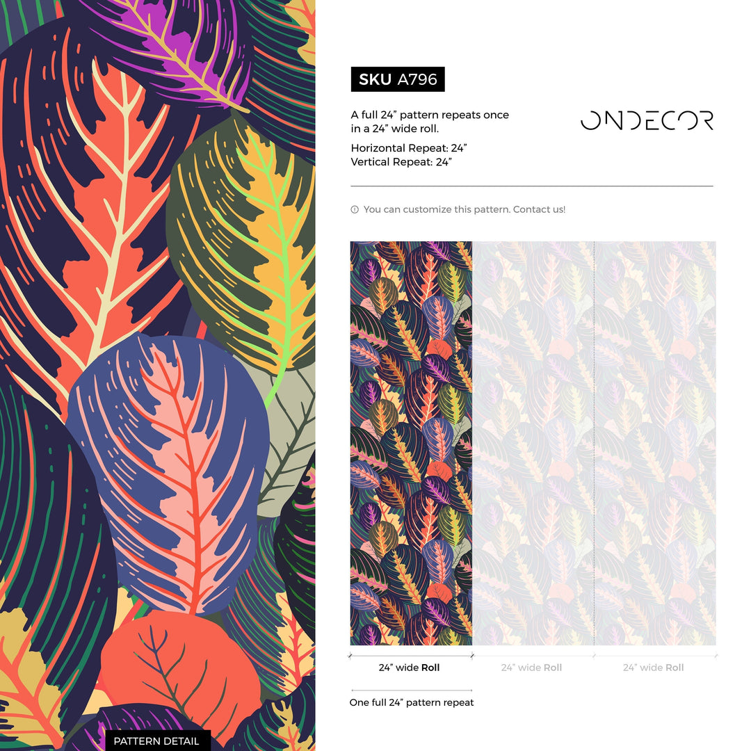 Botanical Wallpaper Featuring Stylized Tropical Leaves in Blue, Orange, and Purple - A796