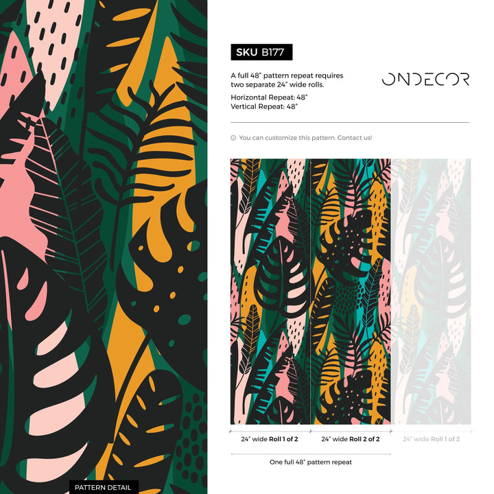Botanical Wallpaper with an Abstract Jungle Leaf Motif in Black, Green, and Yellow - B177