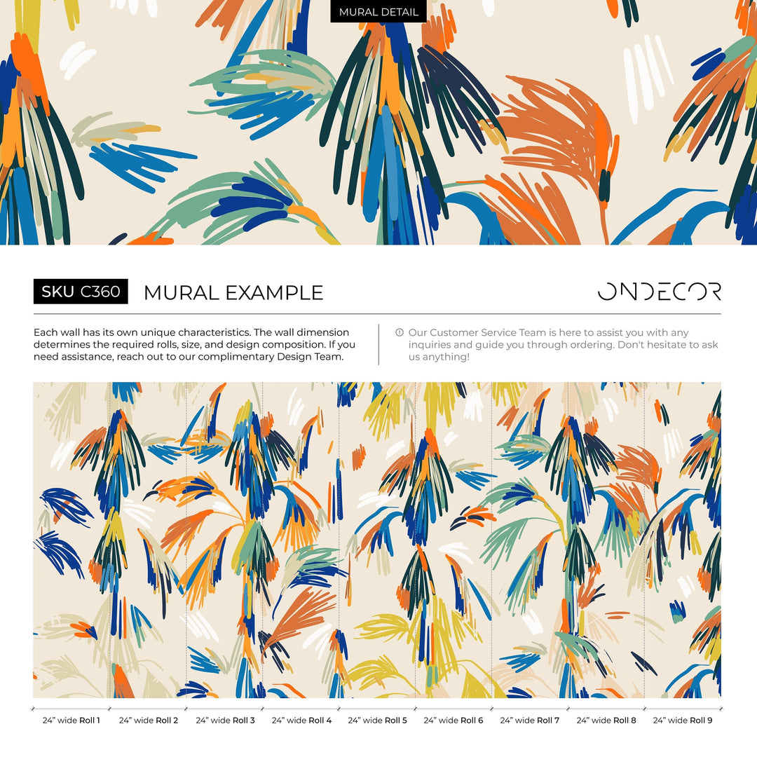 Abstract Wallpaper with Painterly Palm Leaves in Blue, Orange, and Yellow - C360