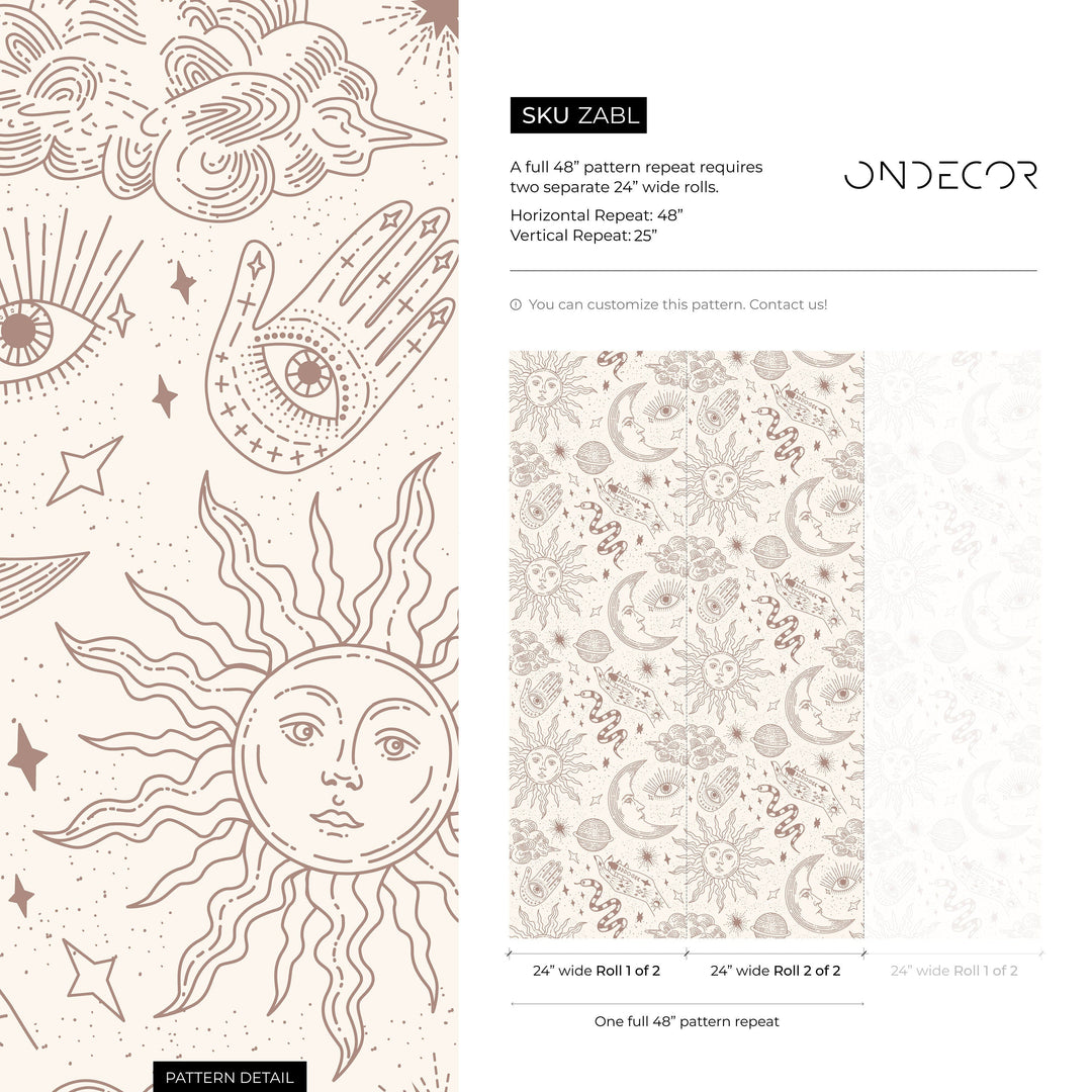 Celestial Wallpaper with Mystical Sun, Moon, and Hand Motifs in Beige and Dusty Rose - ZABL