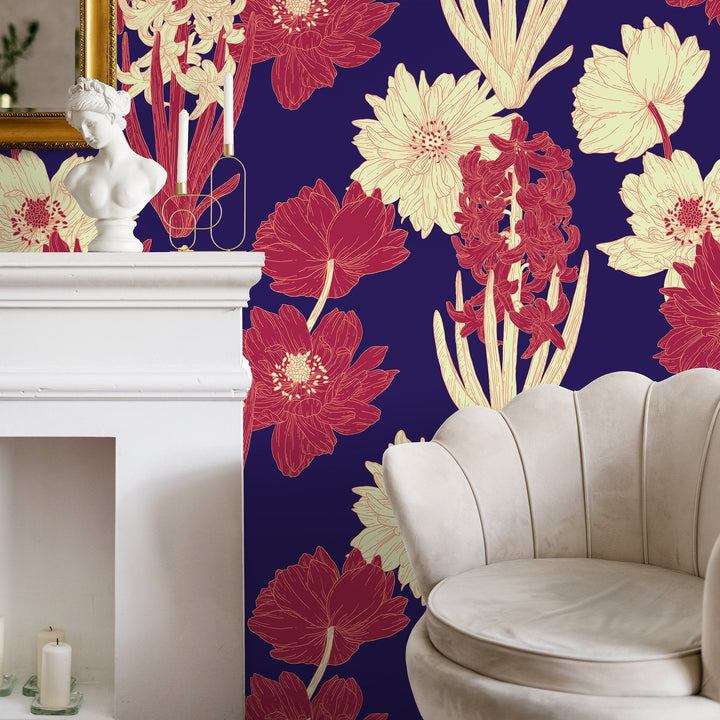 Floral Wallpaper featuring Hyacinths and Dahlias in Red, Cream, and Navy Blue - A802