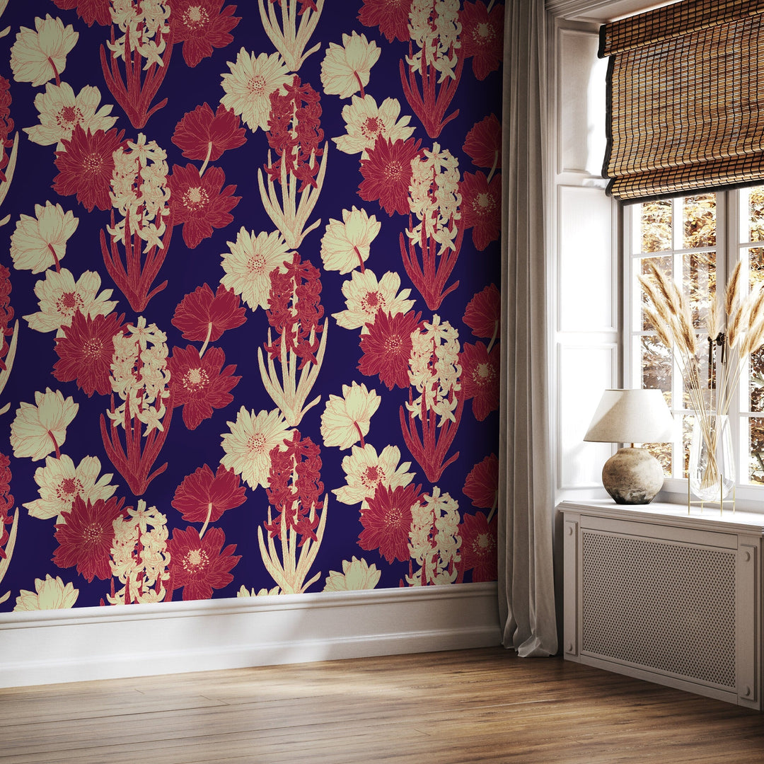 Floral Wallpaper featuring Hyacinths and Dahlias in Red, Cream, and Navy Blue - A802