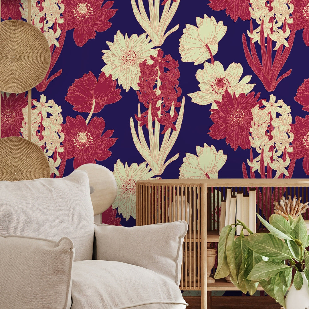 Floral Wallpaper featuring Hyacinths and Dahlias in Red, Cream, and Navy Blue - A802